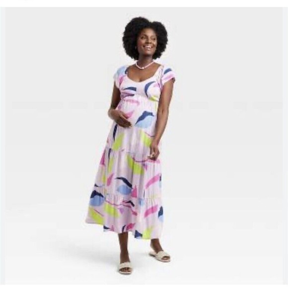 Isabel Maternity Flutter Short Sleeve Woven Maternity Dress - Lavander Print L - Picture 1 of 9